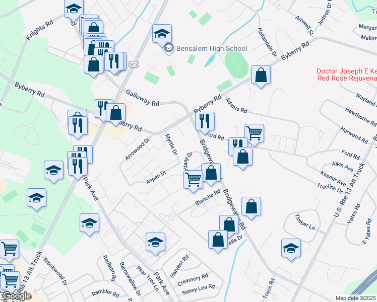 map of restaurants, bars, coffee shops, grocery stores, and more near 1629 Britany Drive in Bensalem