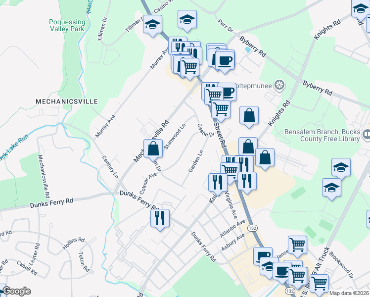 map of restaurants, bars, coffee shops, grocery stores, and more near 2816 Colmar Avenue in Bensalem