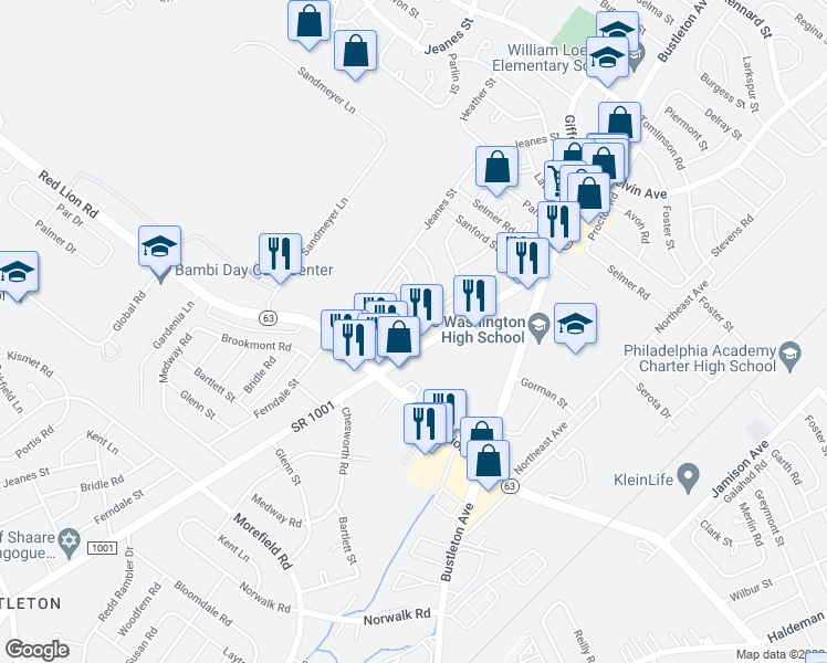 map of restaurants, bars, coffee shops, grocery stores, and more near 10033 Ferndale Street in Philadelphia