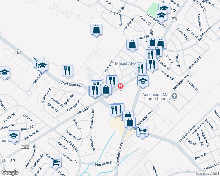 map of restaurants, bars, coffee shops, grocery stores, and more near 10033 Ferndale Street in Philadelphia