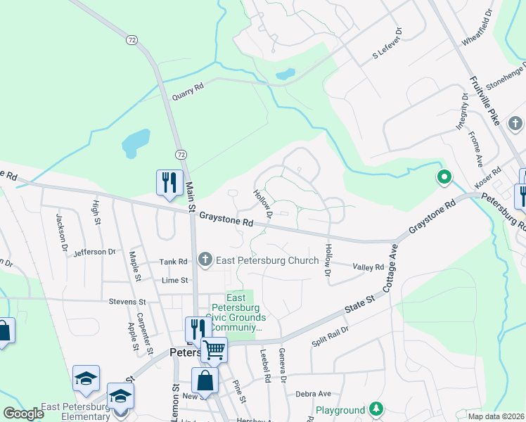 map of restaurants, bars, coffee shops, grocery stores, and more near 6588 Hollow Drive in East Petersburg