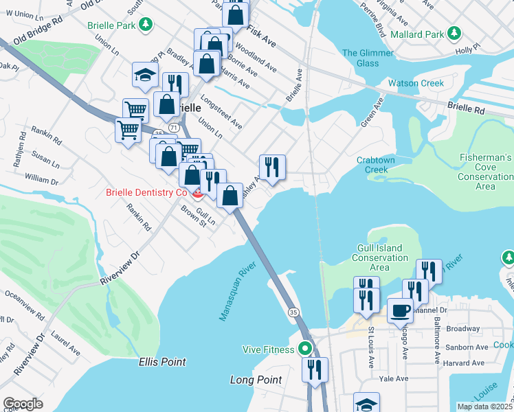 map of restaurants, bars, coffee shops, grocery stores, and more near 311 Ashley Avenue in Brielle