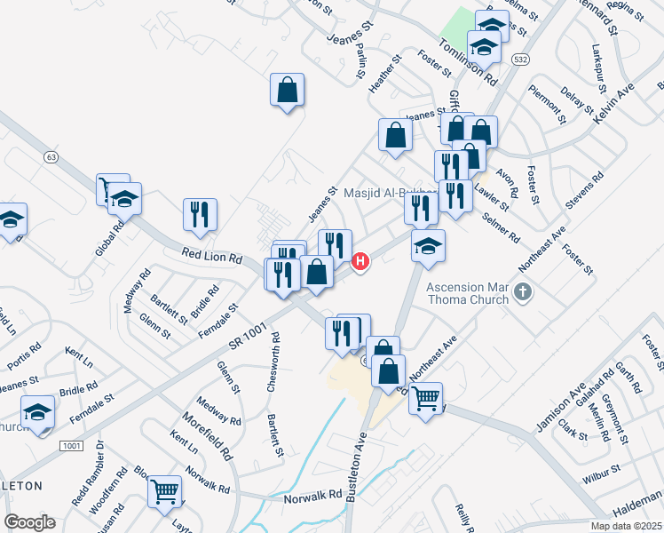 map of restaurants, bars, coffee shops, grocery stores, and more near 10035 Ferndale Street in Philadelphia