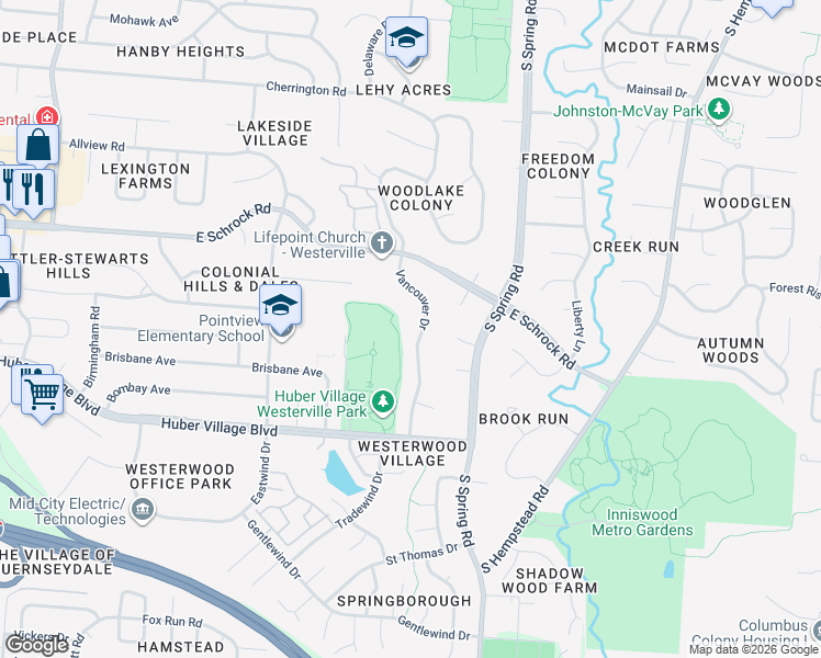map of restaurants, bars, coffee shops, grocery stores, and more near 667 Vancouver Drive in Westerville