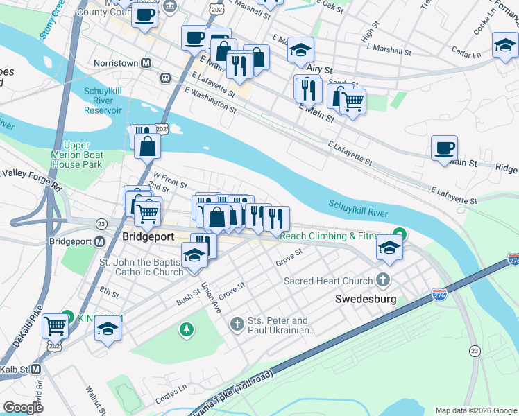 map of restaurants, bars, coffee shops, grocery stores, and more near 2-198 E Front St in Bridgeport