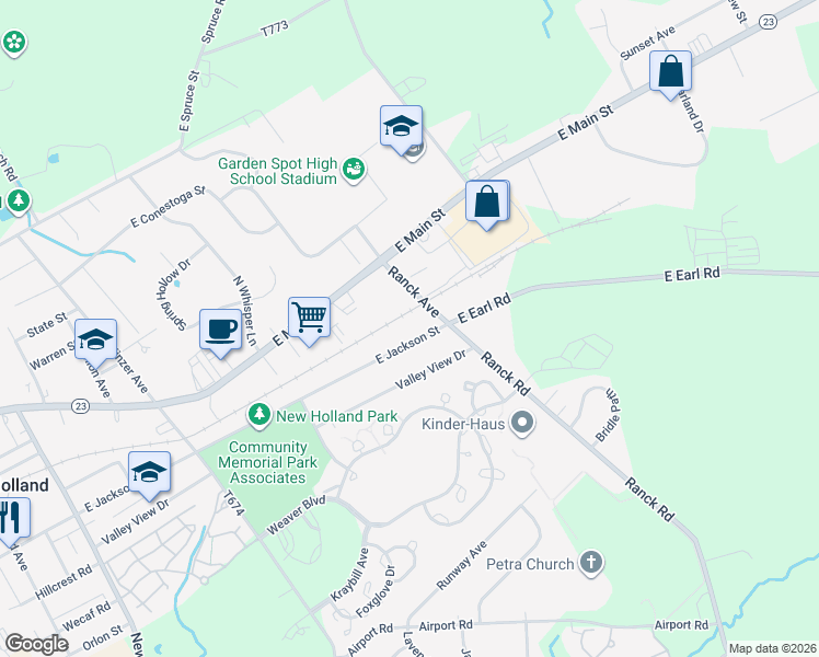 map of restaurants, bars, coffee shops, grocery stores, and more near 593 E Jackson St in New Holland
