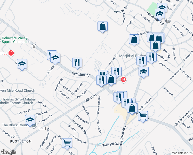 map of restaurants, bars, coffee shops, grocery stores, and more near 10008 Jeanes Street in Philadelphia