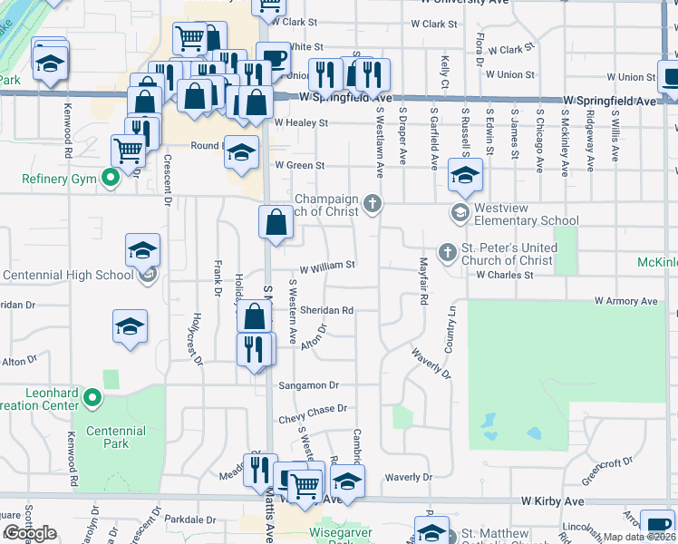 map of restaurants, bars, coffee shops, grocery stores, and more near 810 South Victor Street in Champaign