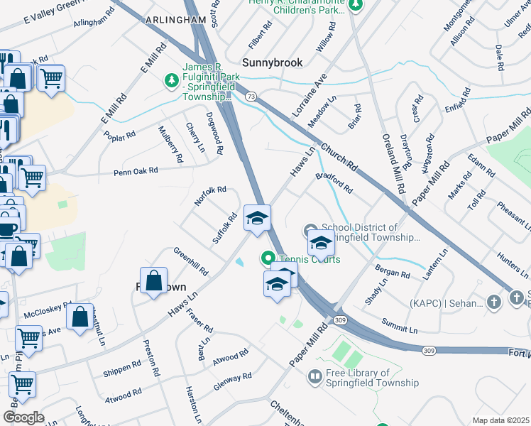 map of restaurants, bars, coffee shops, grocery stores, and more near 500 Haws Lane in Flourtown