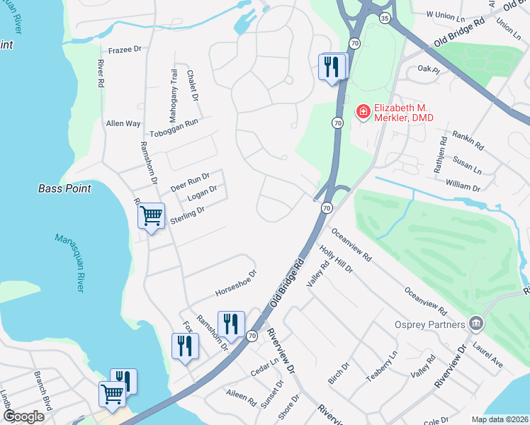 map of restaurants, bars, coffee shops, grocery stores, and more near 1507 Sawyer Avenue in Manasquan