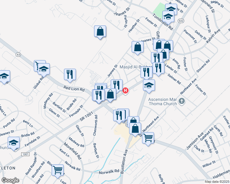 map of restaurants, bars, coffee shops, grocery stores, and more near 10035 Ferndale Street in Philadelphia