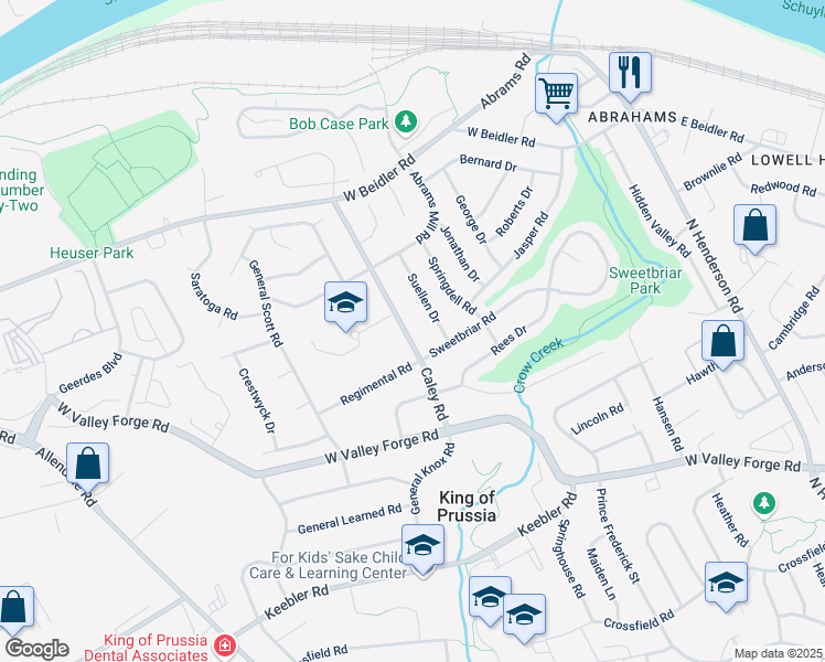 map of restaurants, bars, coffee shops, grocery stores, and more near 712 Caley Road in King of Prussia