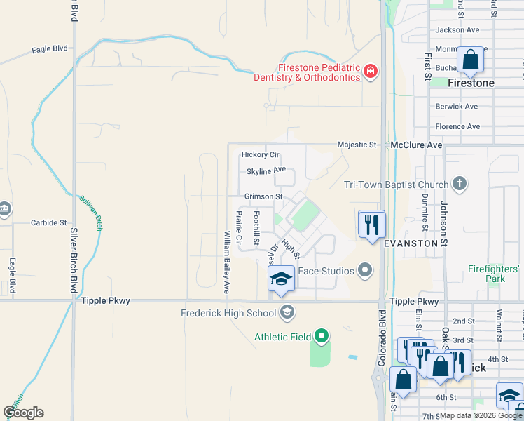 map of restaurants, bars, coffee shops, grocery stores, and more near 5741 Prairie Circle in Longmont