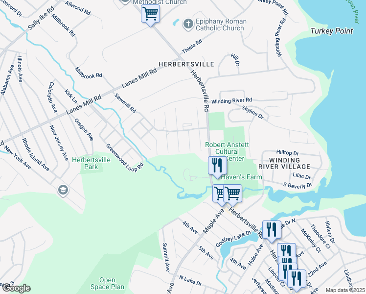 map of restaurants, bars, coffee shops, grocery stores, and more near 242 Sawmill Road in Brick Township