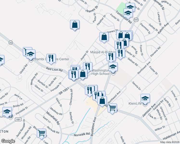 map of restaurants, bars, coffee shops, grocery stores, and more near 10048 Ferndale Street in Philadelphia