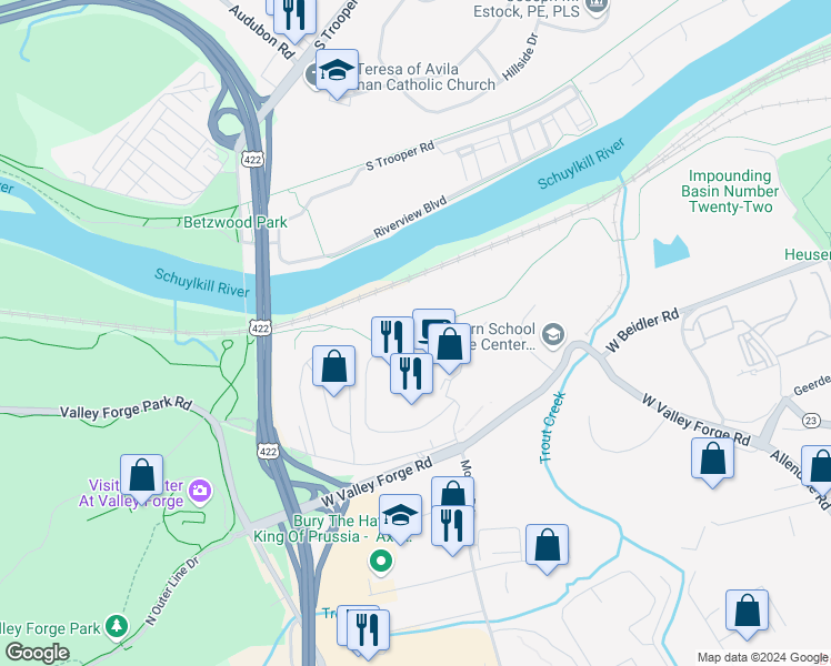 map of restaurants, bars, coffee shops, grocery stores, and more near 4000 West Valley Forge Circle in King of Prussia