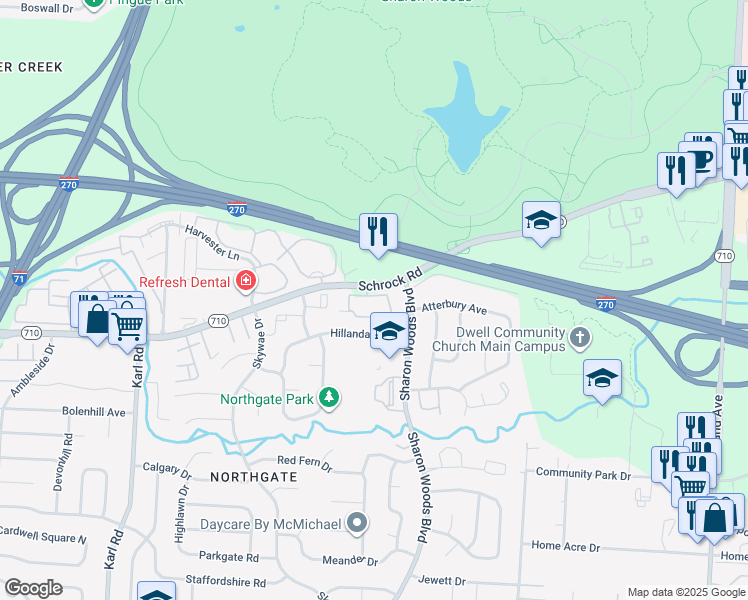map of restaurants, bars, coffee shops, grocery stores, and more near 1880 Ohio 710 in Columbus