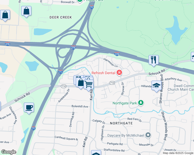 map of restaurants, bars, coffee shops, grocery stores, and more near 7012 Spring House Lane in Columbus