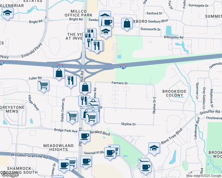 map of restaurants, bars, coffee shops, grocery stores, and more near 7417 Cimmaron Station in Columbus