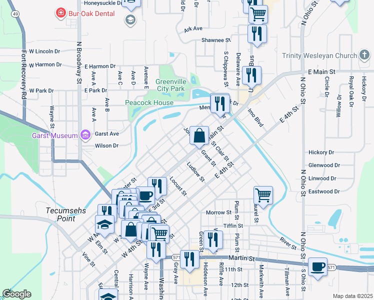 map of restaurants, bars, coffee shops, grocery stores, and more near 601 East Water Street in Greenville