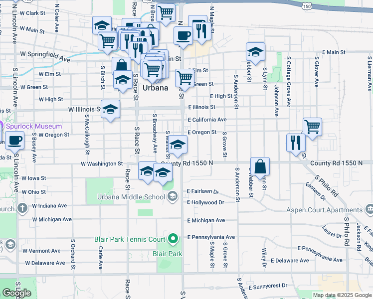map of restaurants, bars, coffee shops, grocery stores, and more near 708 South Vine Street in Urbana