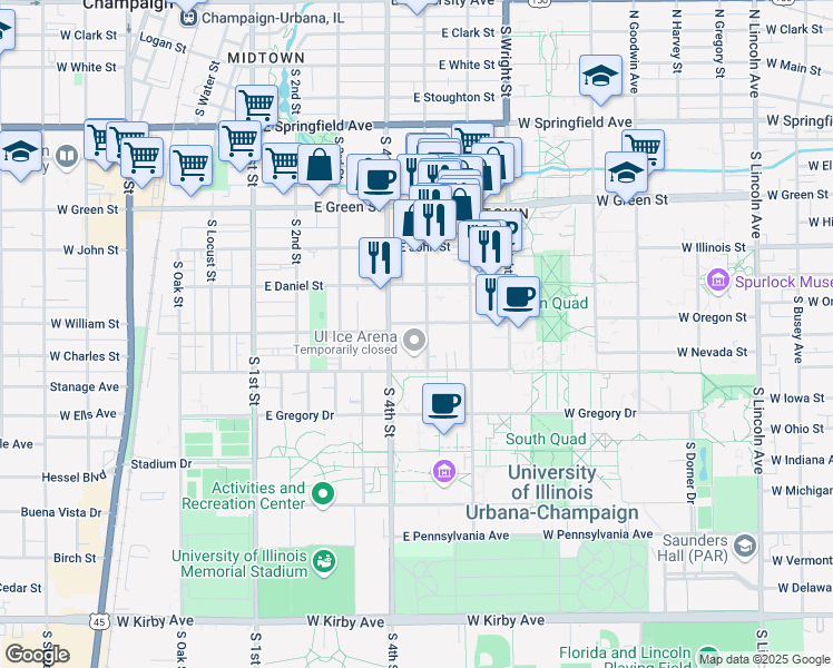 map of restaurants, bars, coffee shops, grocery stores, and more near 909 South 5th Street in Champaign