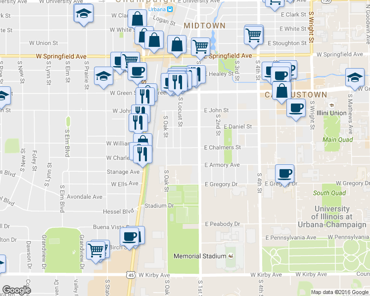 map of restaurants, bars, coffee shops, grocery stores, and more near 909 South Locust Street in Champaign