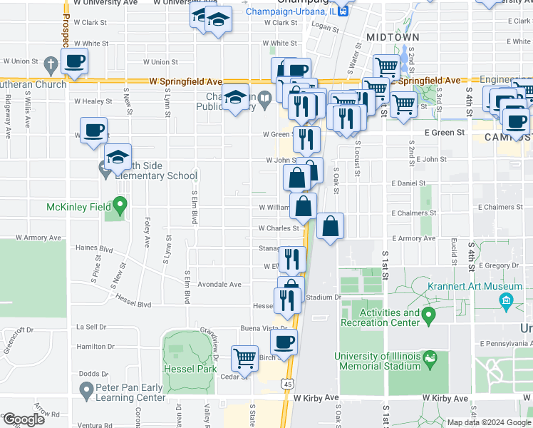 map of restaurants, bars, coffee shops, grocery stores, and more near 728 South State Street in Champaign