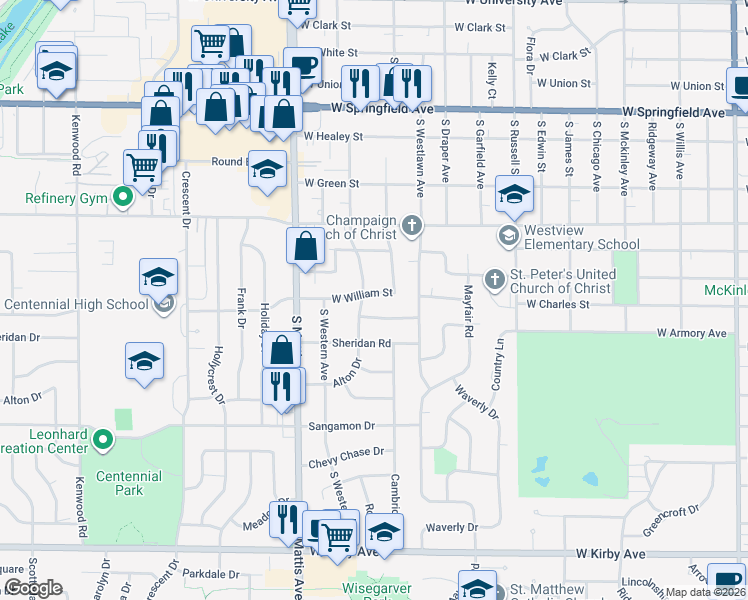 map of restaurants, bars, coffee shops, grocery stores, and more near 810 South Victor Street in Champaign