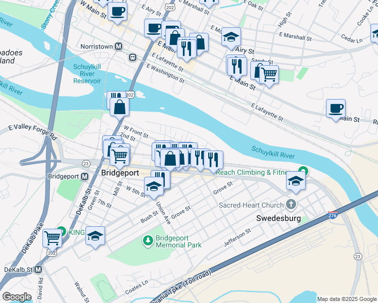 map of restaurants, bars, coffee shops, grocery stores, and more near 2-198 E Front St in Bridgeport