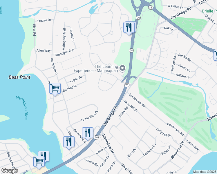 map of restaurants, bars, coffee shops, grocery stores, and more near 2624 Lantern Light Way in Manasquan