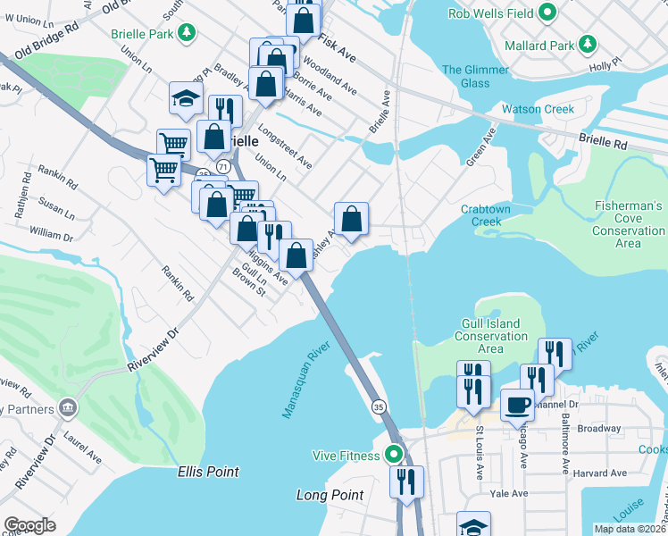 map of restaurants, bars, coffee shops, grocery stores, and more near 311 Ashley Avenue in Brielle