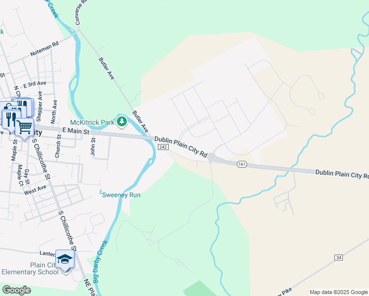 map of restaurants, bars, coffee shops, grocery stores, and more near 7950 Ohio 161 in Plain City