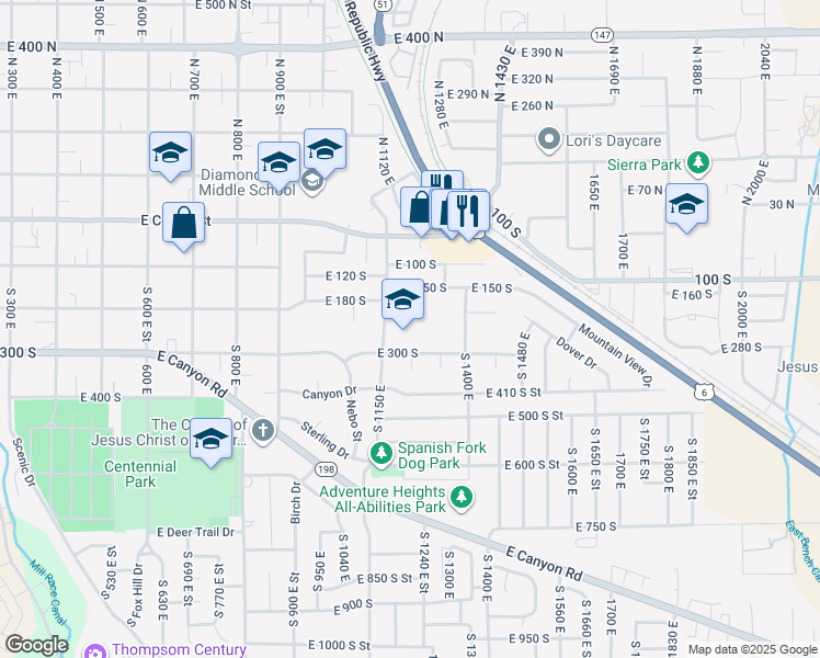 map of restaurants, bars, coffee shops, grocery stores, and more near 1175 Flonette Avenue in Spanish Fork
