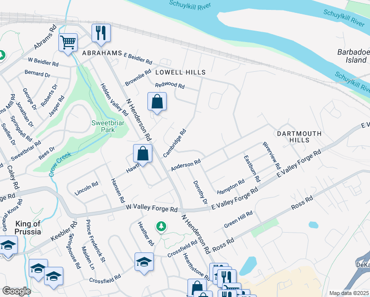 map of restaurants, bars, coffee shops, grocery stores, and more near 524 Dartmouth Drive in King of Prussia
