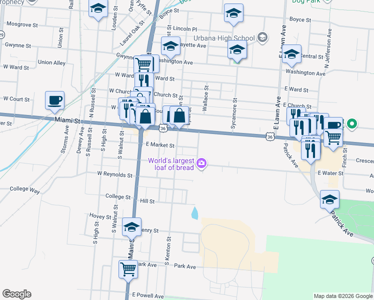 map of restaurants, bars, coffee shops, grocery stores, and more near 334 East Market Street in Urbana
