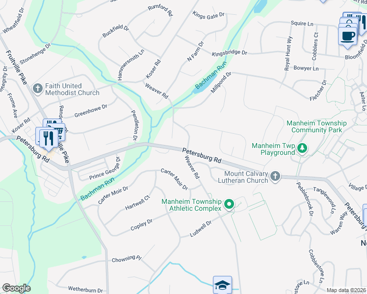 map of restaurants, bars, coffee shops, grocery stores, and more near 3011 Weaver Road in Lititz