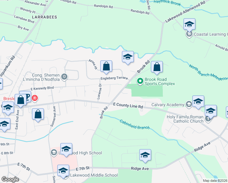 map of restaurants, bars, coffee shops, grocery stores, and more near 963 Brook Rd in Lakewood Township