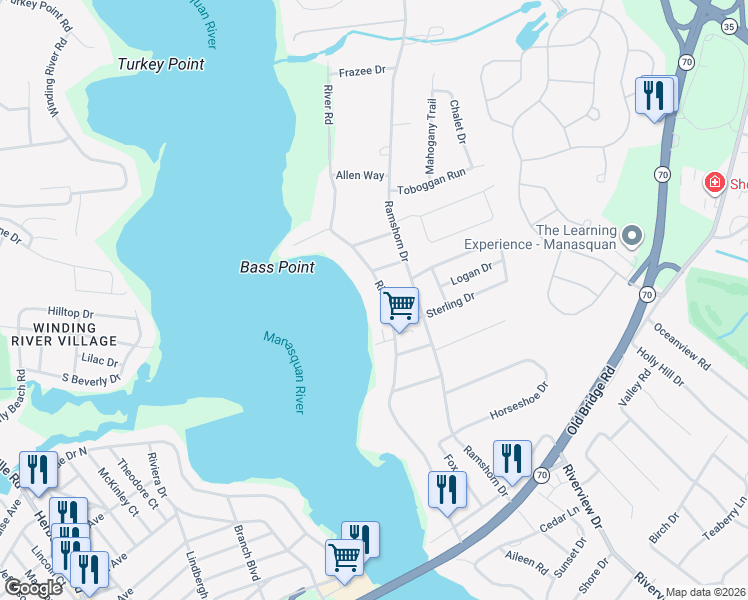 map of restaurants, bars, coffee shops, grocery stores, and more near 2566 River Road in Manasquan