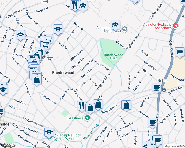 map of restaurants, bars, coffee shops, grocery stores, and more near 618 Louise Road in Glenside