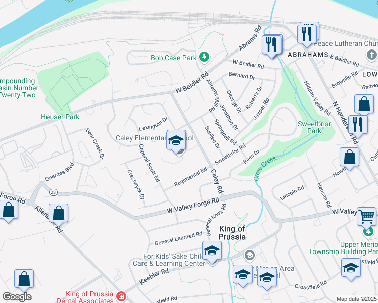 map of restaurants, bars, coffee shops, grocery stores, and more near 725 Caley Road in King of Prussia