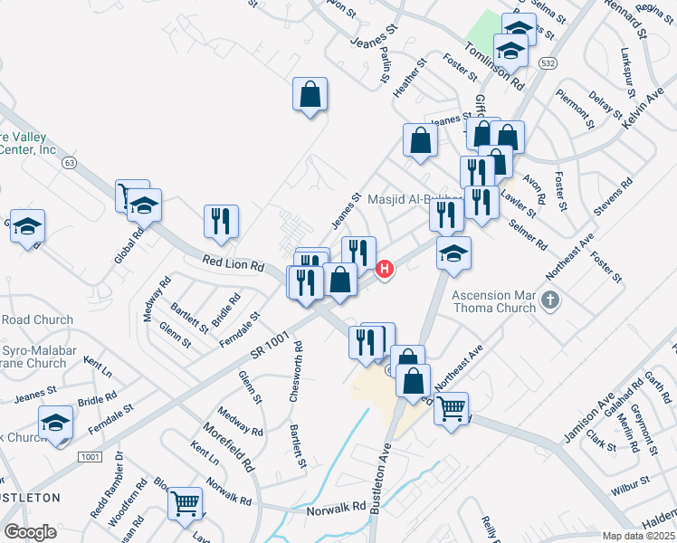 map of restaurants, bars, coffee shops, grocery stores, and more near 10032 Ferndale Street in Philadelphia
