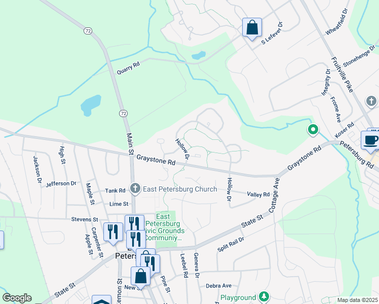 map of restaurants, bars, coffee shops, grocery stores, and more near 2201 Olde Meadow Court in East Petersburg