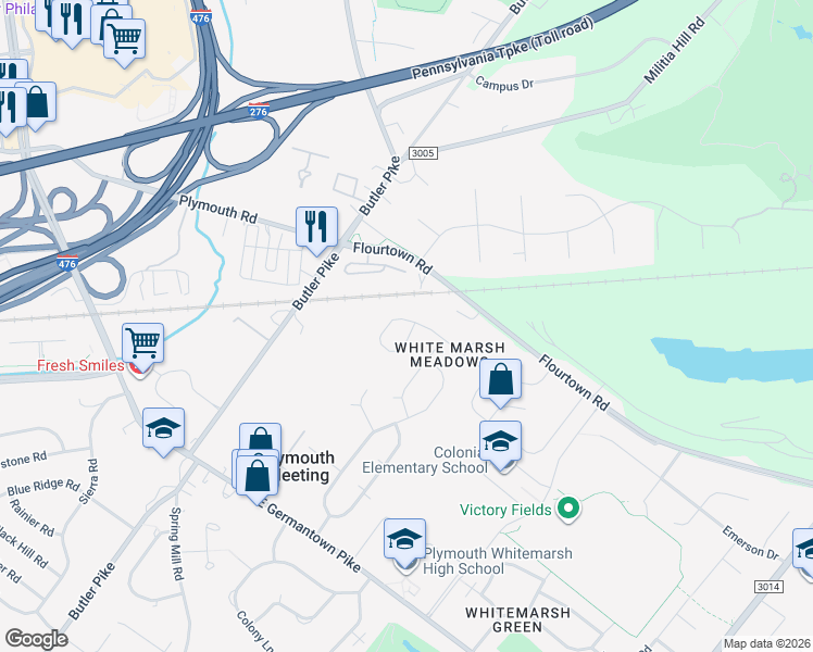map of restaurants, bars, coffee shops, grocery stores, and more near 101 Woodbine Way in Plymouth Meeting