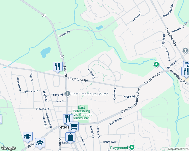 map of restaurants, bars, coffee shops, grocery stores, and more near 2201 Olde Meadow Court in East Petersburg