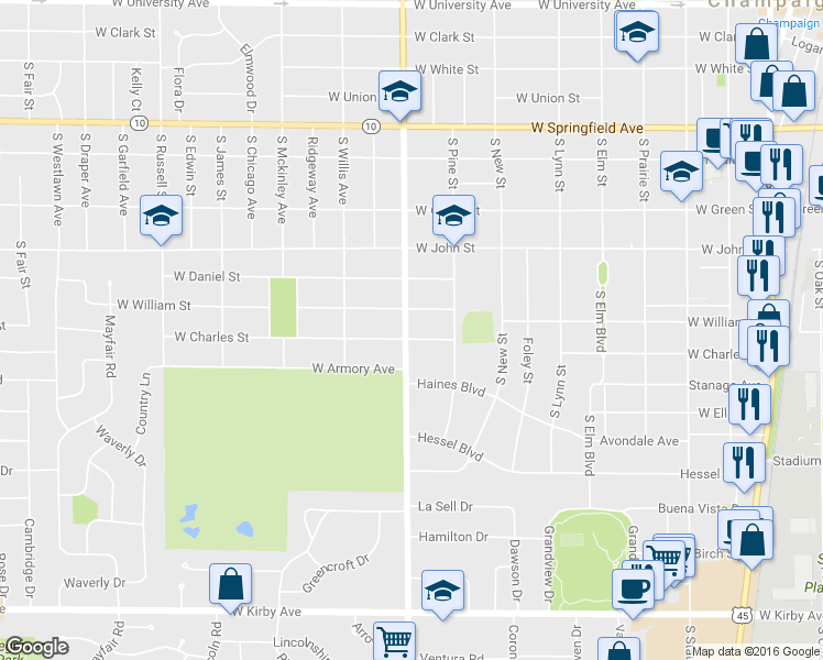 map of restaurants, bars, coffee shops, grocery stores, and more near 908 South Prospect Avenue in Champaign