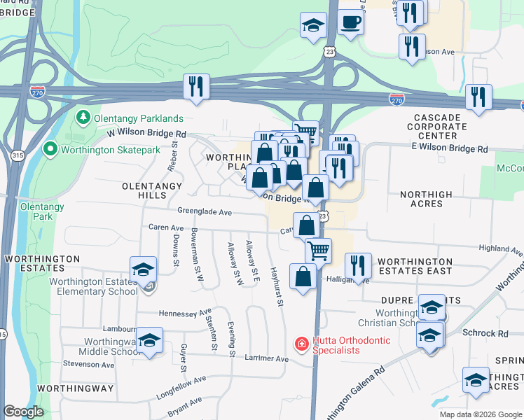 map of restaurants, bars, coffee shops, grocery stores, and more near 103 Saint Julien Street in Worthington