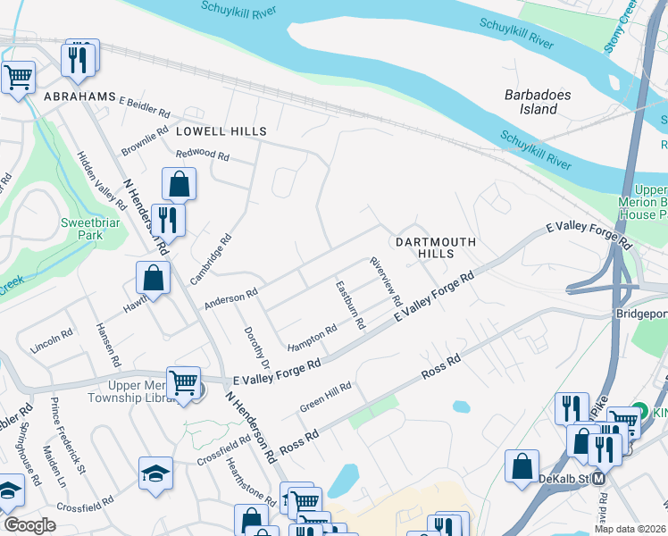 map of restaurants, bars, coffee shops, grocery stores, and more near 287 Anderson Road in King of Prussia