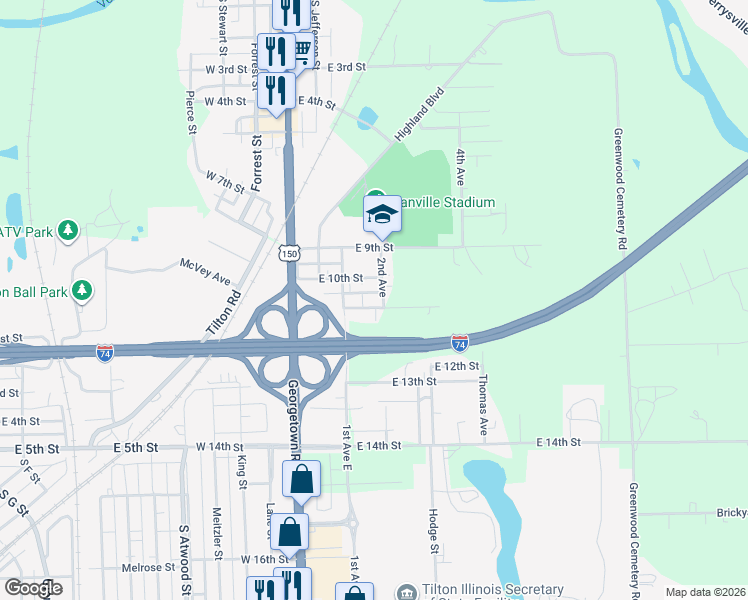map of restaurants, bars, coffee shops, grocery stores, and more near 100-198 E 10th St in Danville
