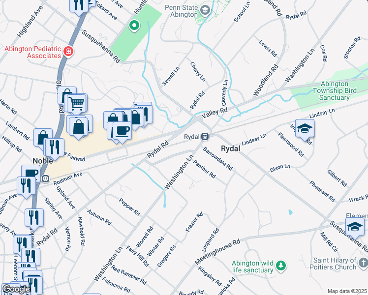map of restaurants, bars, coffee shops, grocery stores, and more near 1064 Lindsay Lane in Jenkintown